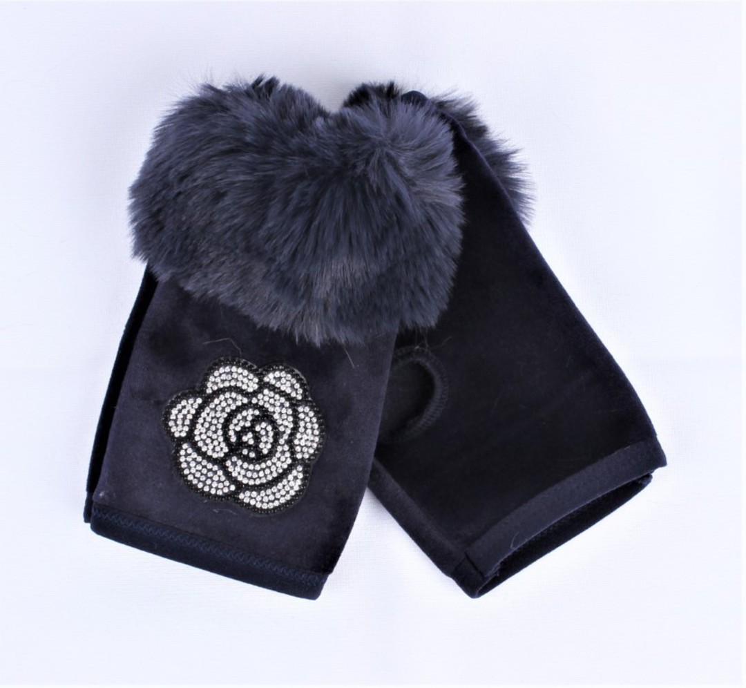 Winter ladies glove w diamante rose and faux fur cuff fingerless navy Style; S/LK4860 image 0